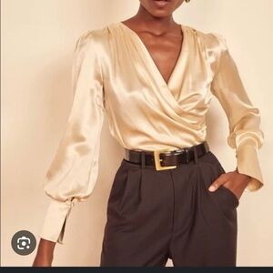 Reformation Black Silk Satin Fawn Wrap Top Blouse SZ 2 XS